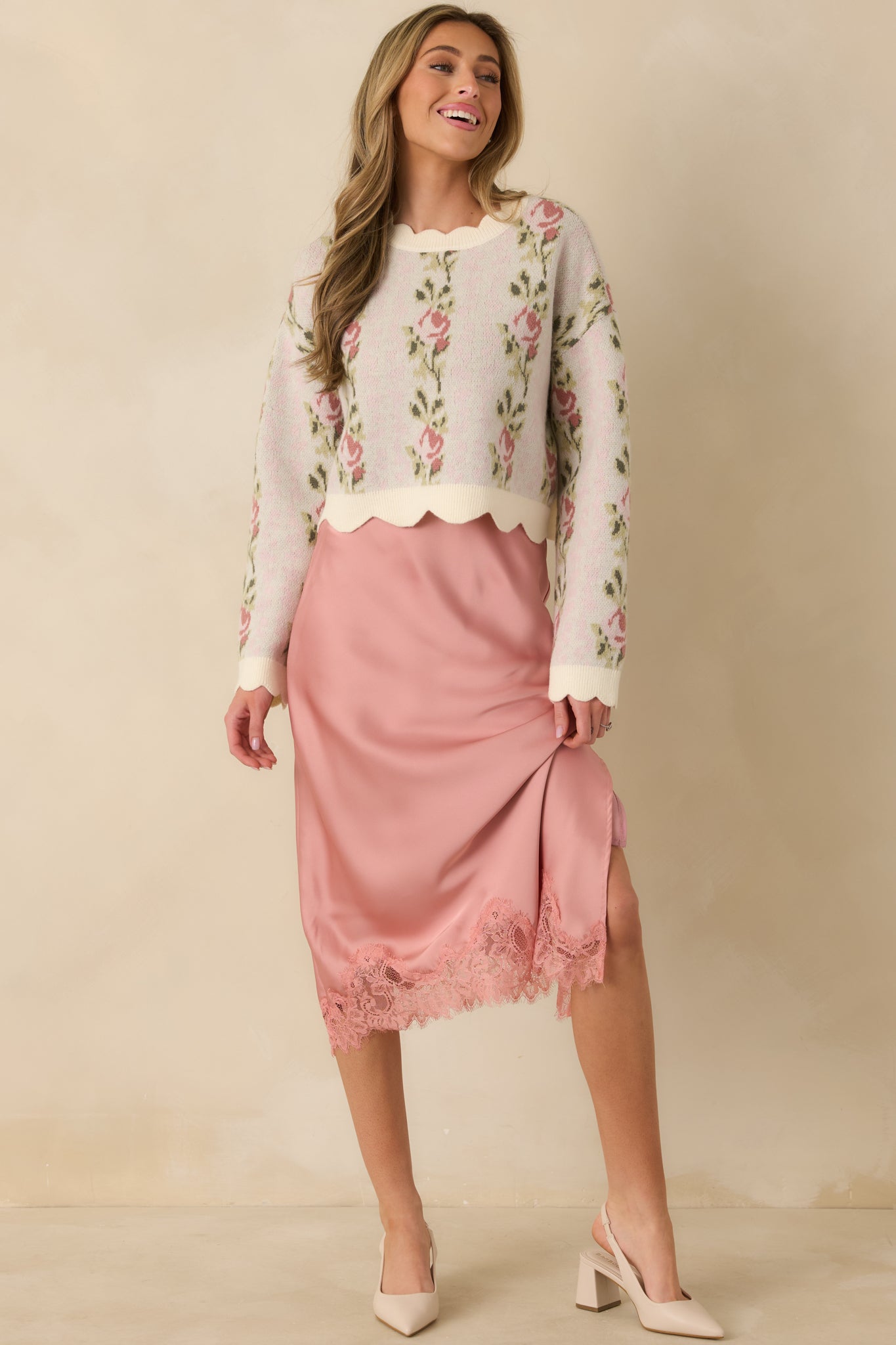 Petal Promises Pink Floral Knit Scallop Edge Sweater
