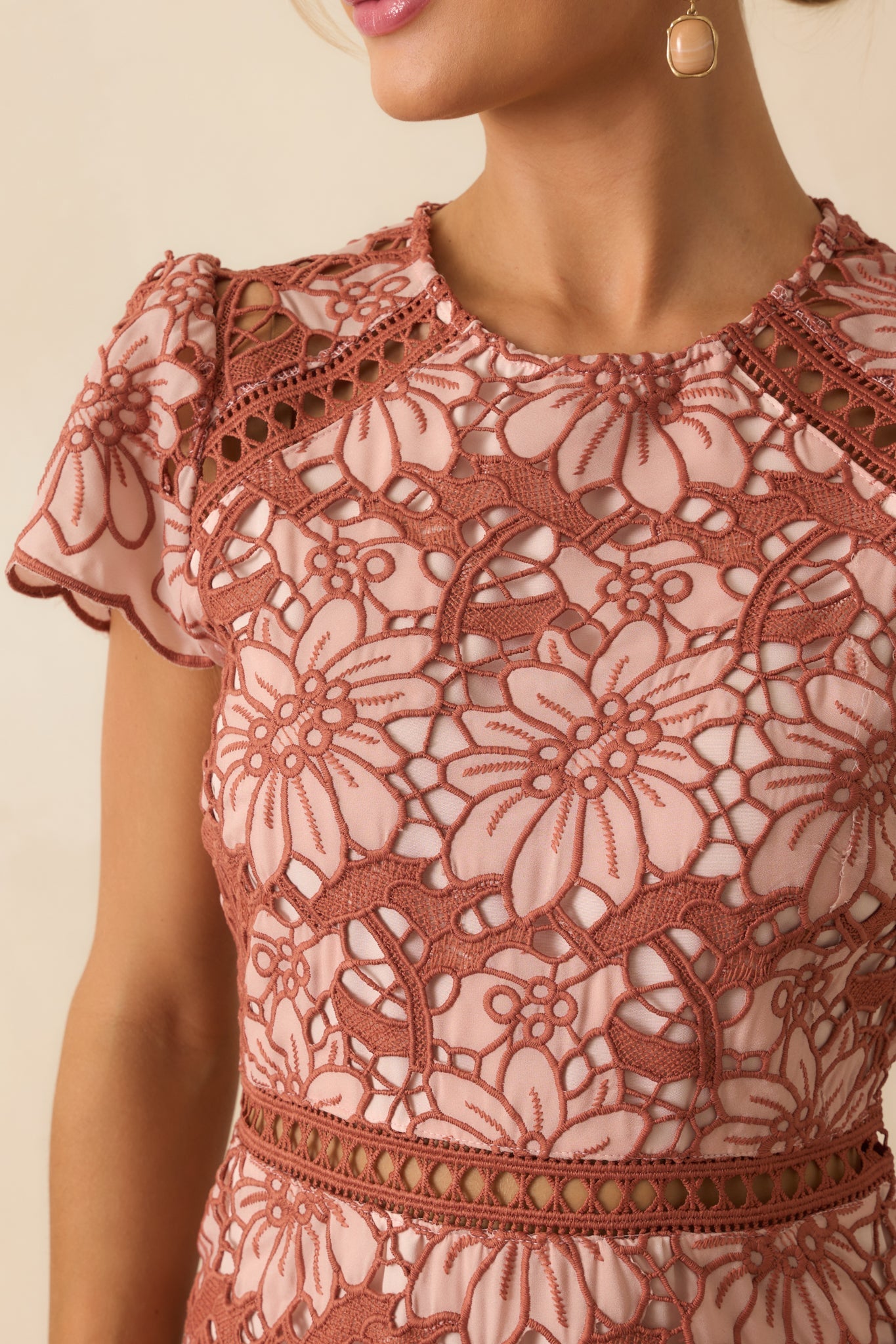 Can't Miss This Terracotta Multi Floral Embroidered Lace Mini Dress