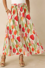 Garden District Ivory & Red Multi Linen Blend Floral Midi Skirt