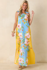 Prosperina Lucie Blue & Yellow Floral Linen Blend Maxi Dress