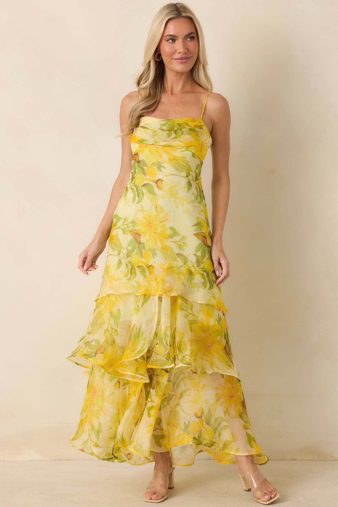ASTR The Label Alison Yellow Floral Tiered Drop-Waist Maxi Dress