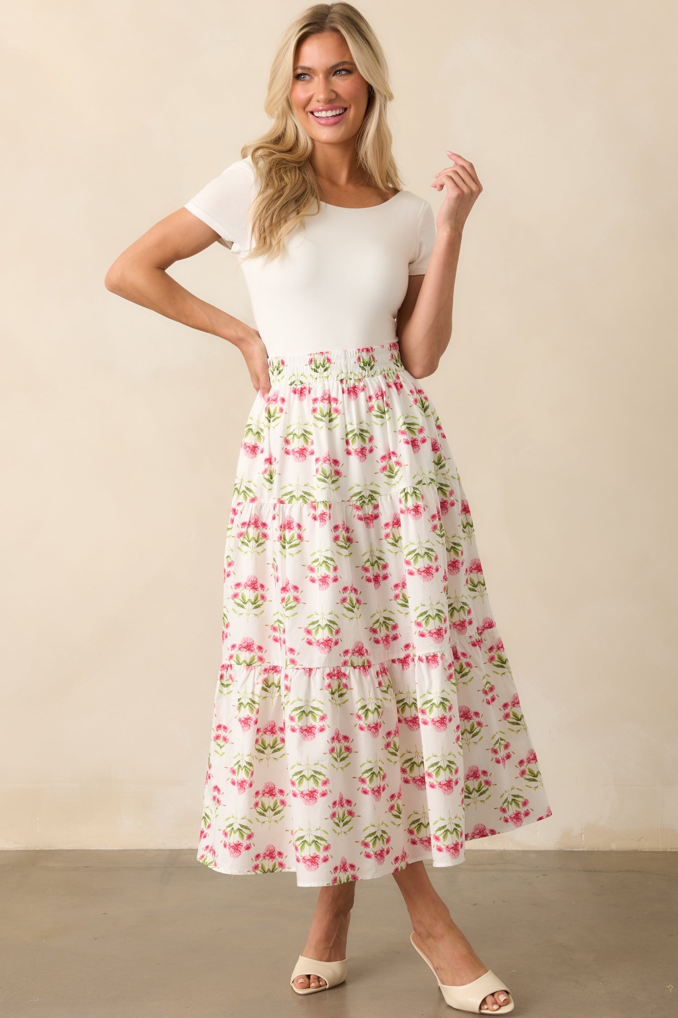 Smiles Are Contagious Pink Floral Cotton Tiered Maxi Skirt