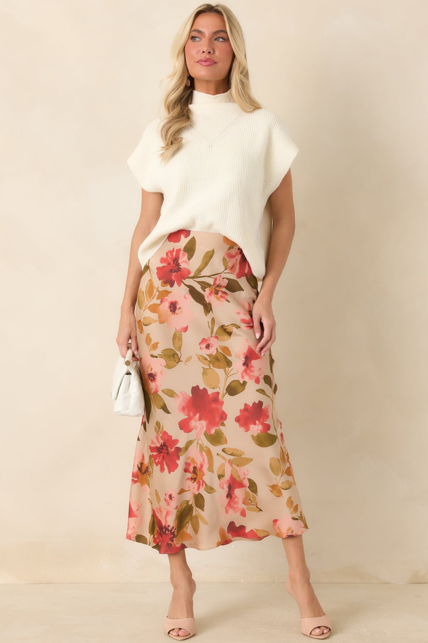Nothing More To Say Tan Multi Floral Print Satin Maxi Skirt