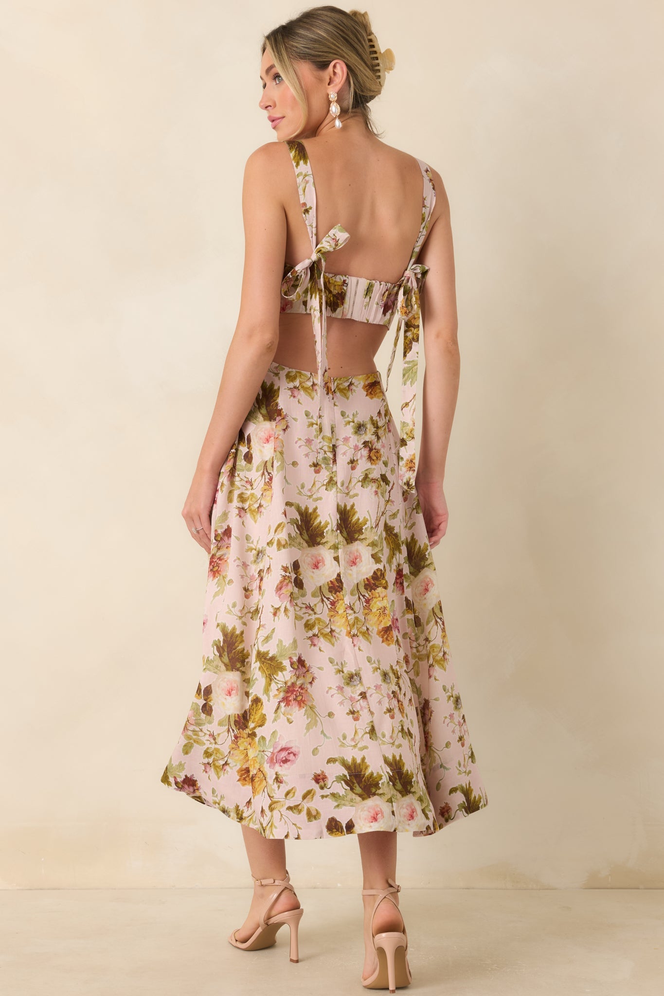 ASTR The Label Ciana Pink & Green Floral Linen Midi Dress