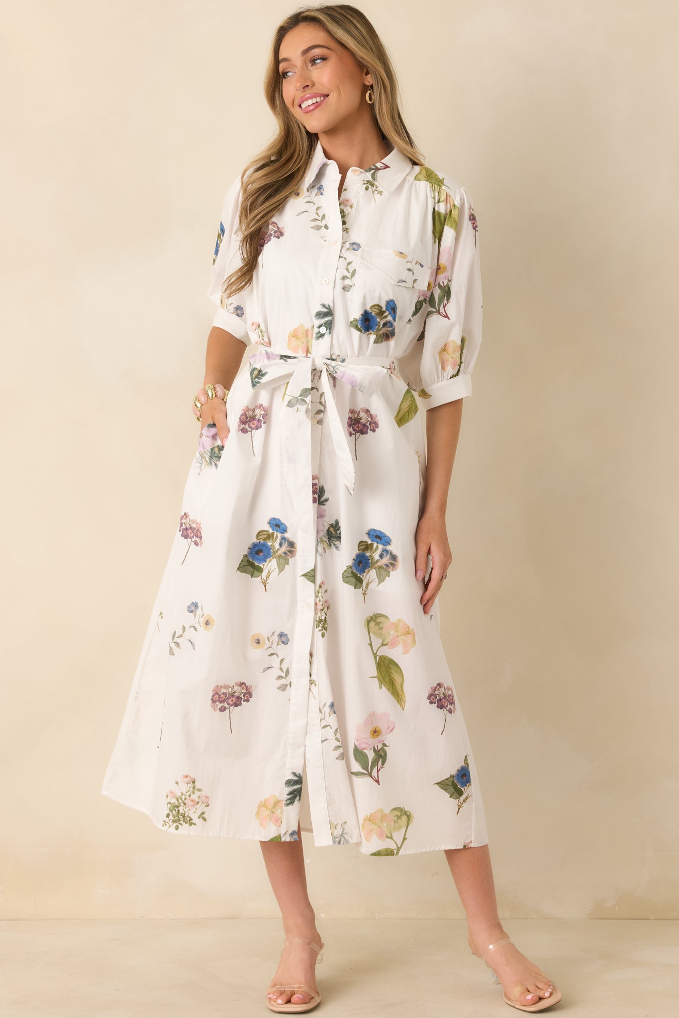 Garden Afternoon Ivory Multi Cotton Floral Print Button Front Belt Tie Midi Dress