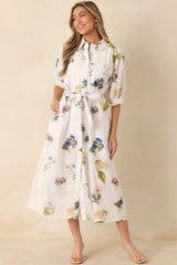 Garden Afternoon Ivory Multi Cotton Floral Print Button Front Belt Tie Midi Dress