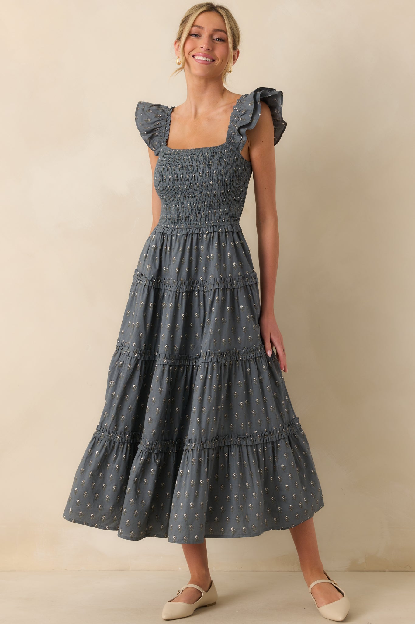 Wildflower Wish Slate Blue Multi Floral Print Cotton Midi Dress