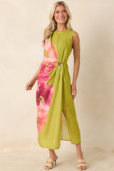Do a Double Take Chartreuse Multi Floral Print Midi Dress