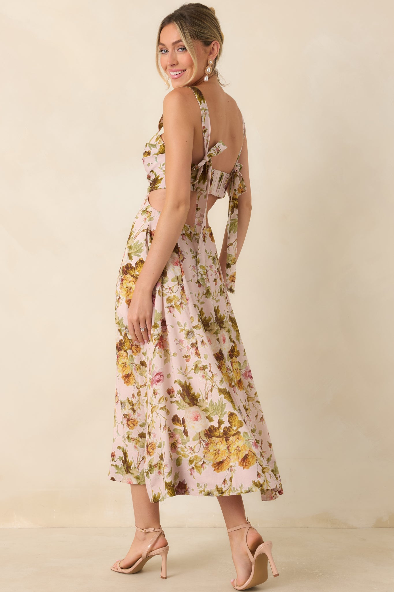 ASTR The Label Ciana Pink & Green Floral Linen Midi Dress
