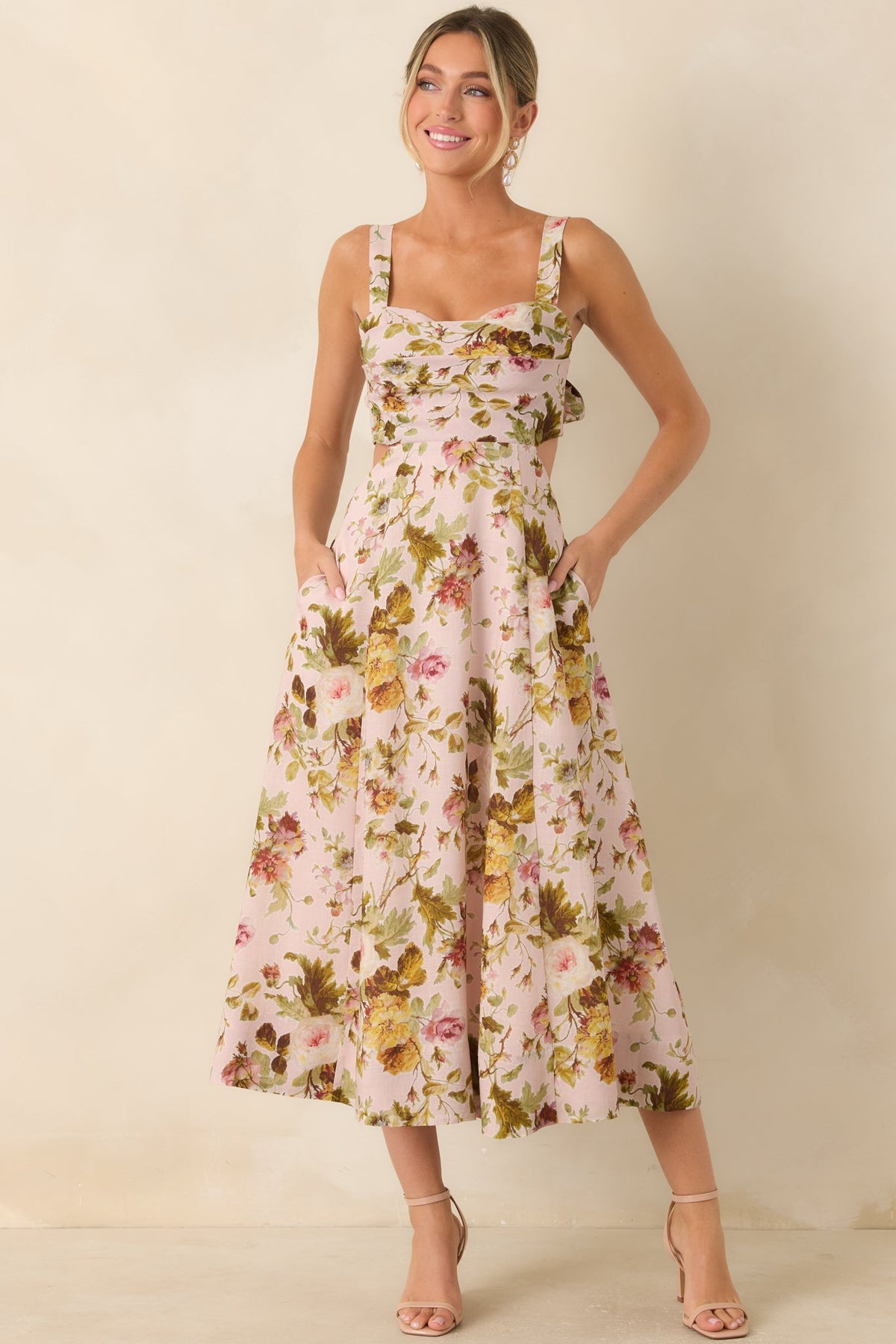 ASTR The Label Ciana Pink & Green Floral Linen Midi Dress