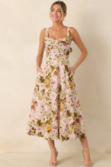 ASTR The Label Ciana Pink & Green Floral Linen Midi Dress
