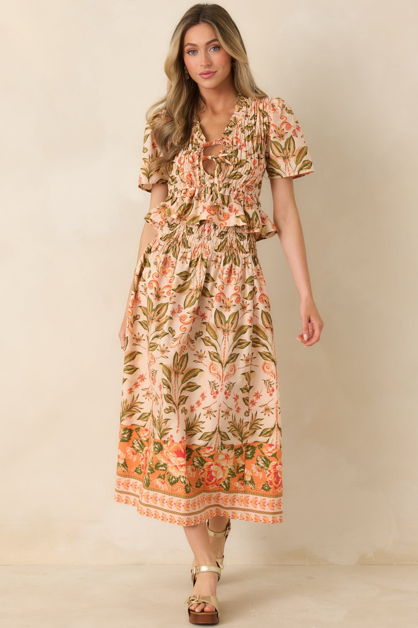Bloom With Me Peach & Meadow Green Floral Cotton Midi Skirt