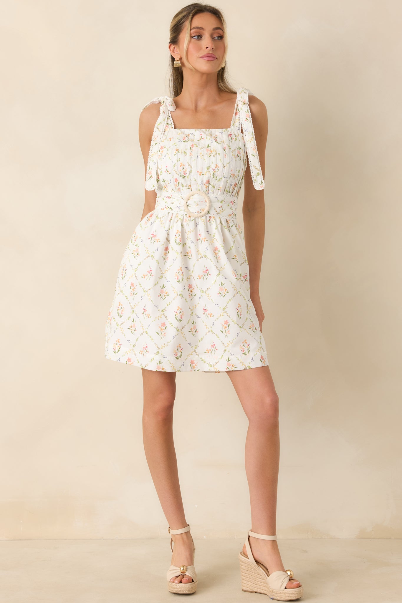 Just Like Spring White Multi Cotton Floral Pleated Mini Dress