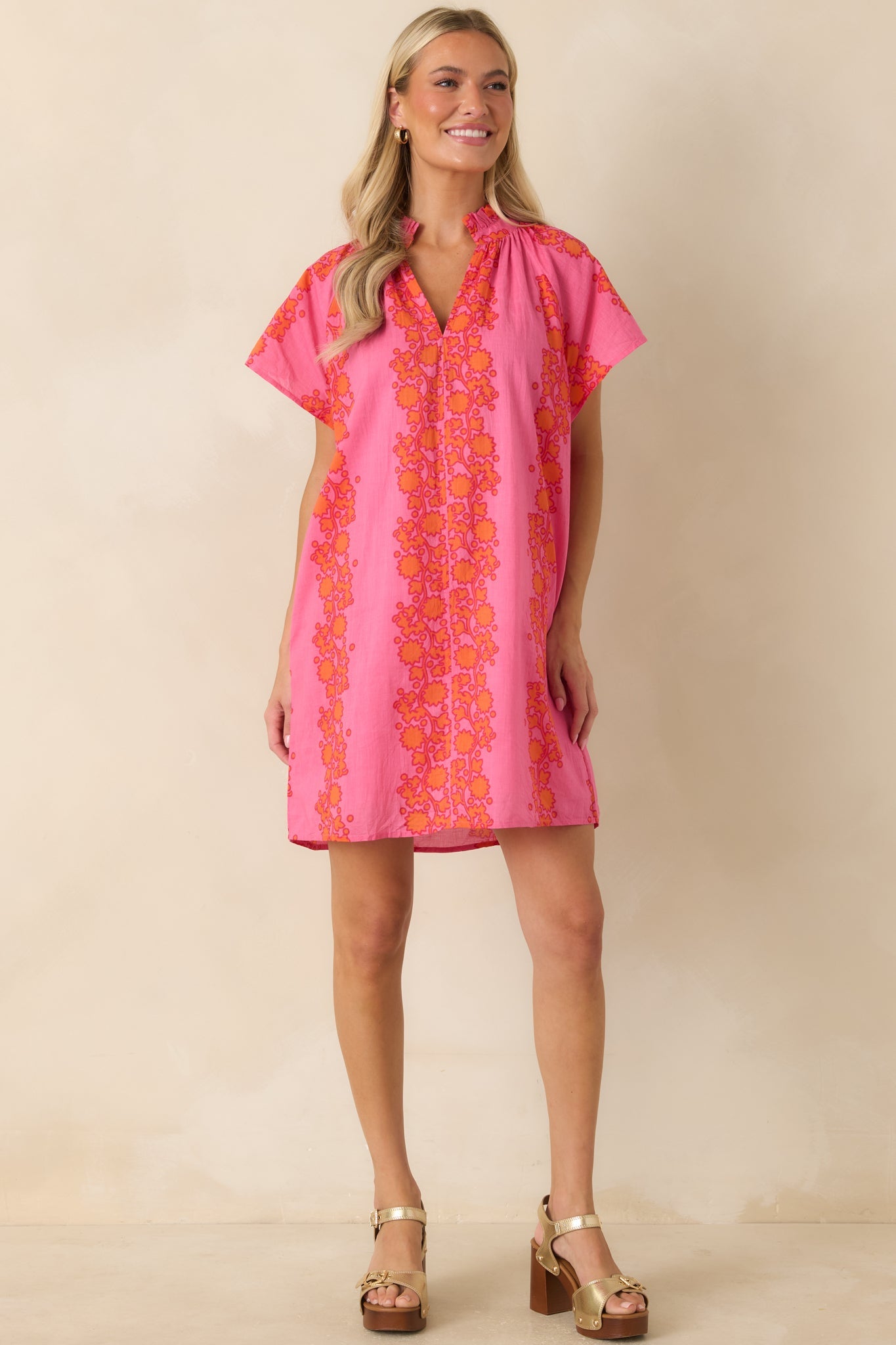 Palm Beach Bound Pink & Orange Cotton Floral Mini Dress