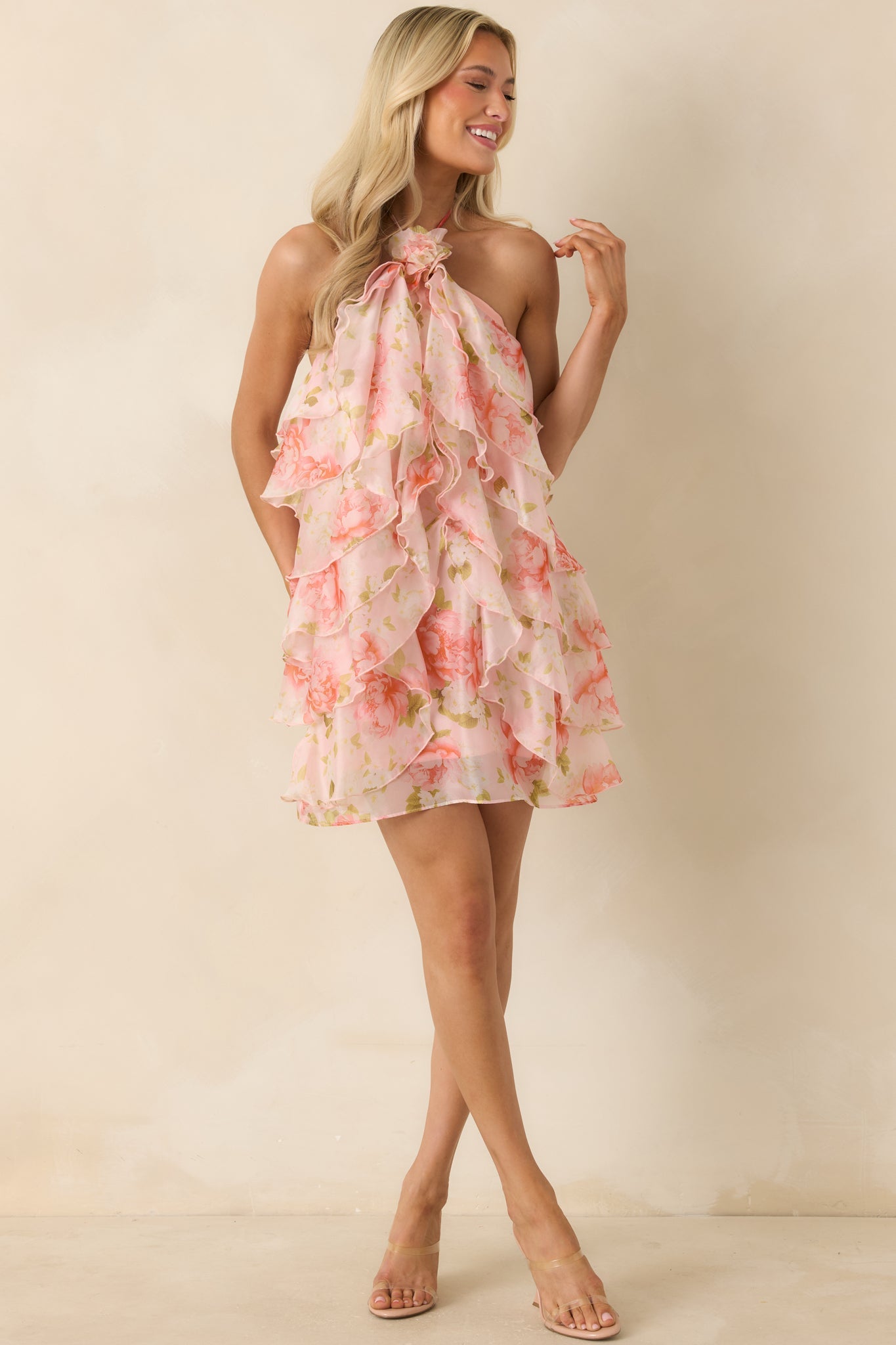 ASTR The Label Ofra Pink Floral Ruffle Halter Mini Dress