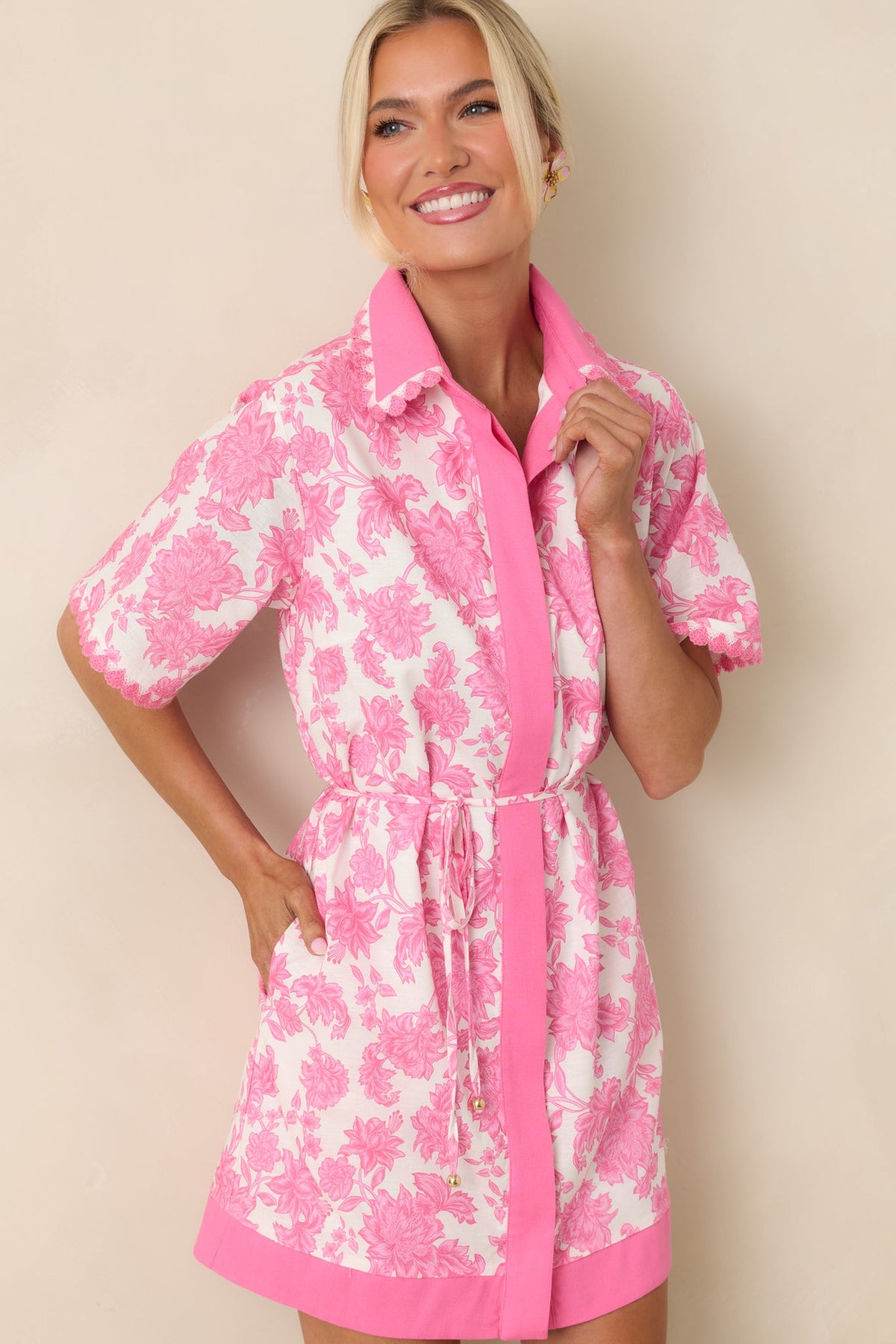 Pretty Impressive Pink & Ivory Floral Cotton Linen Mini Shirt Dress