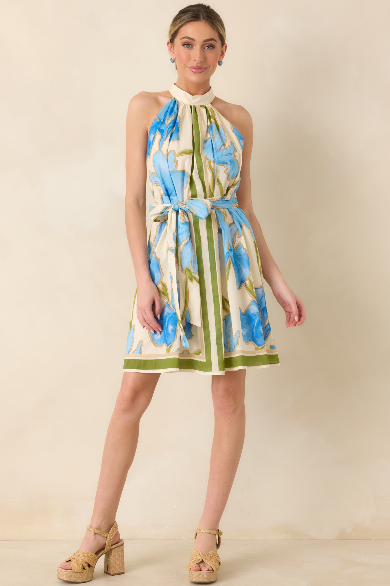 A Moment Like This Blue Multi Floral Cotton Halter Mini Dress