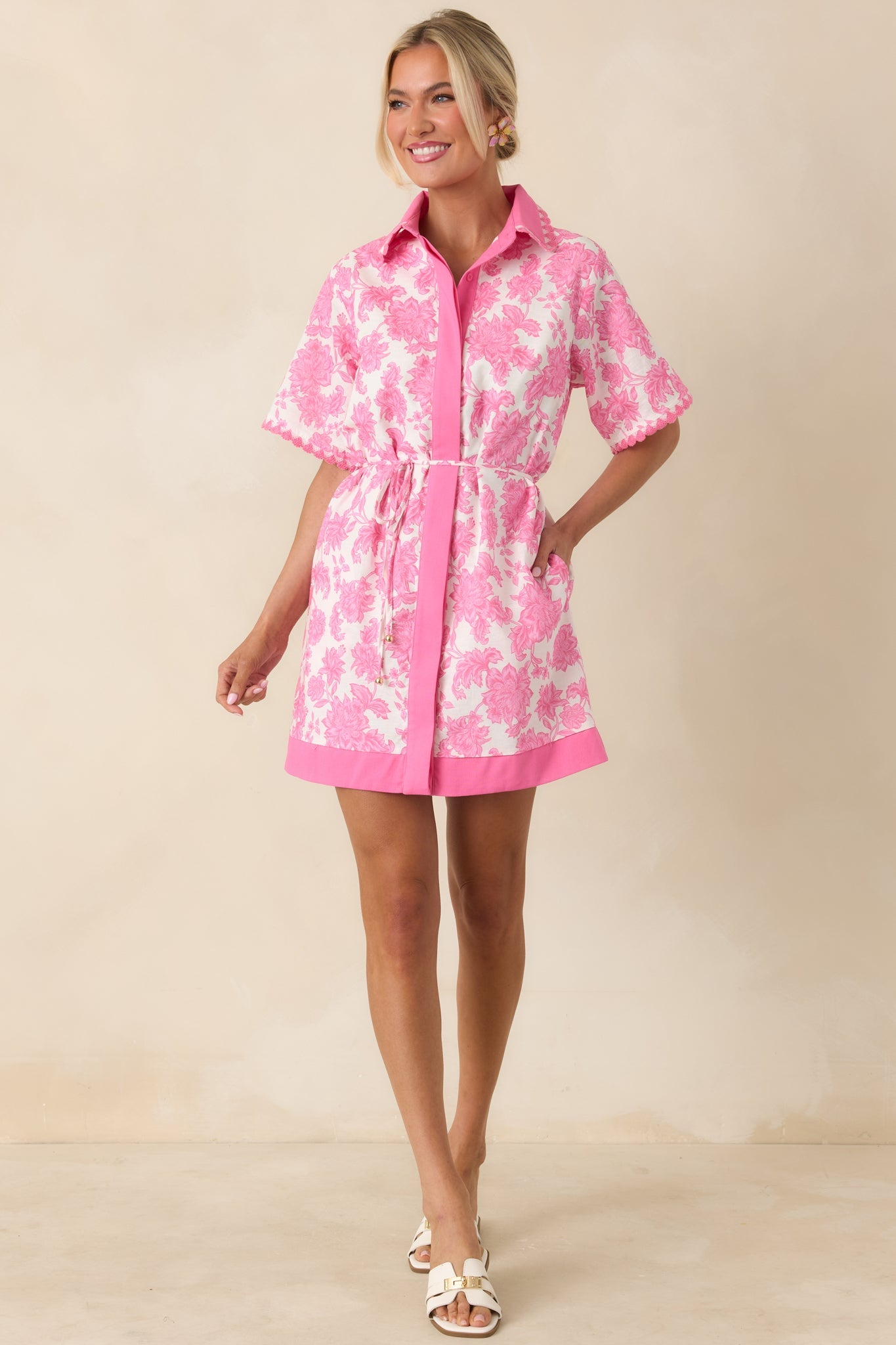 Pretty Impressive Pink & Ivory Floral Cotton Linen Mini Shirt Dress