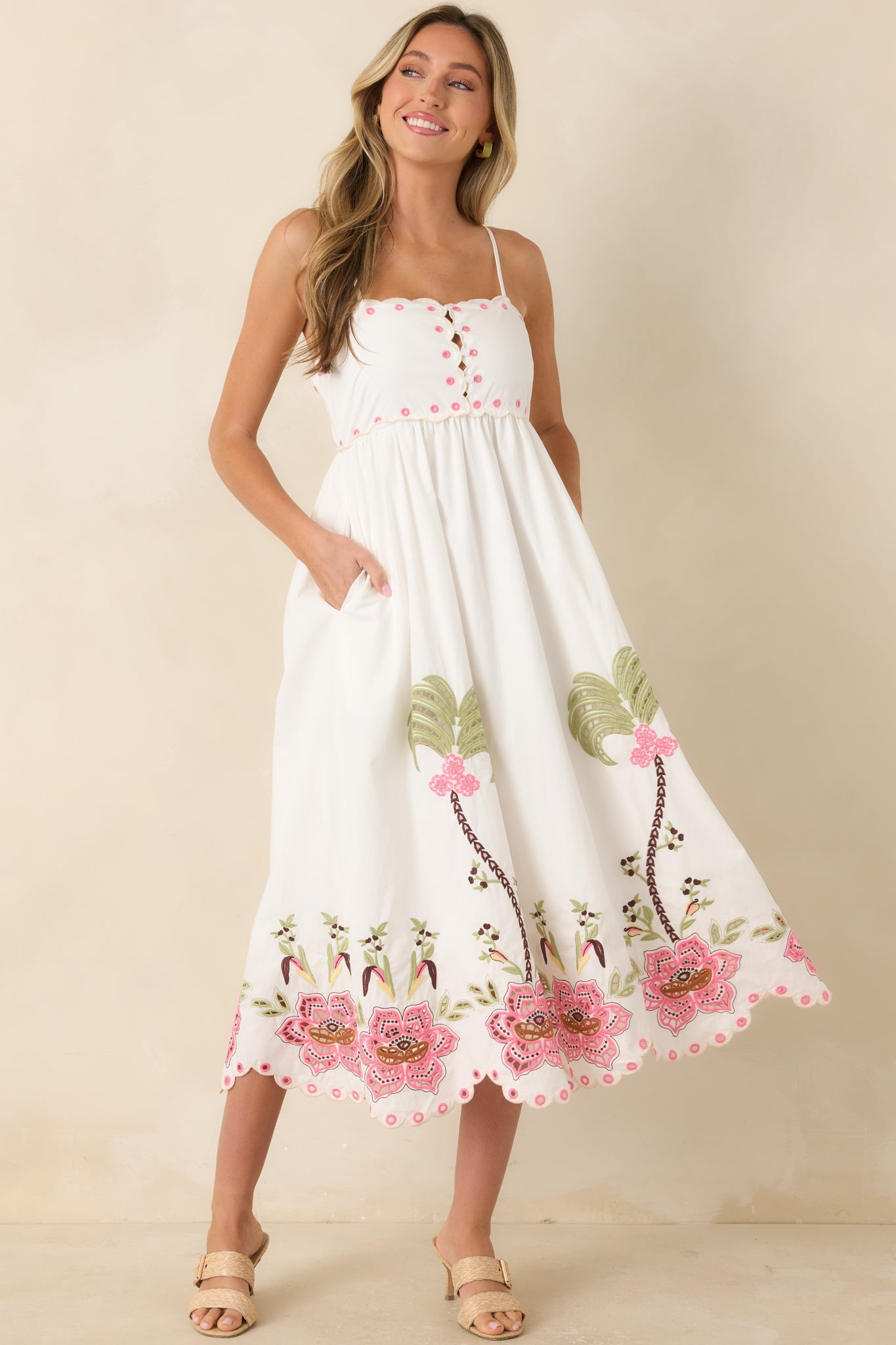 Pink Paradise White Multi Floral Embroidered Cotton Midi Dress