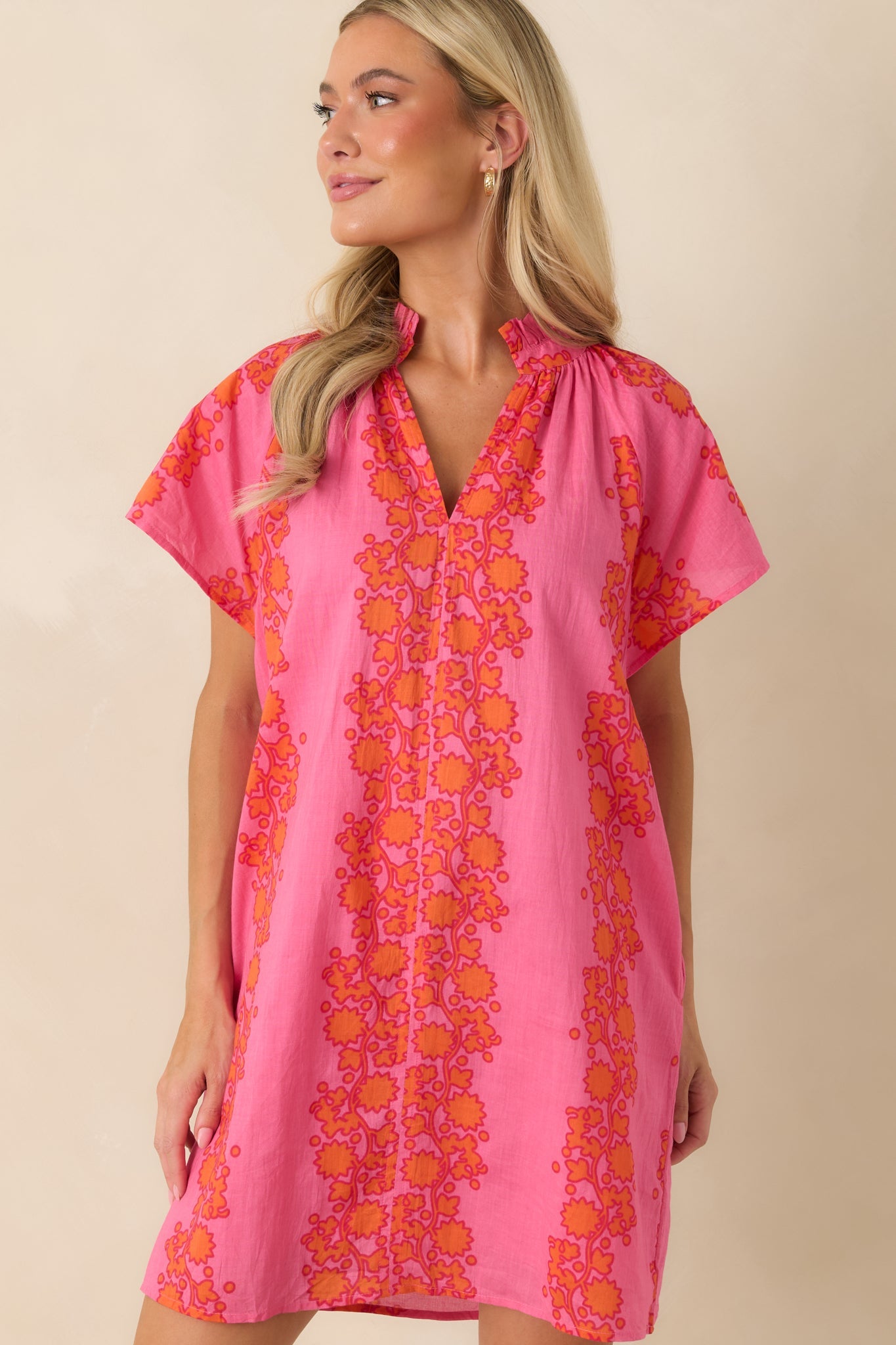 Palm Beach Bound Pink & Orange Cotton Floral Mini Dress