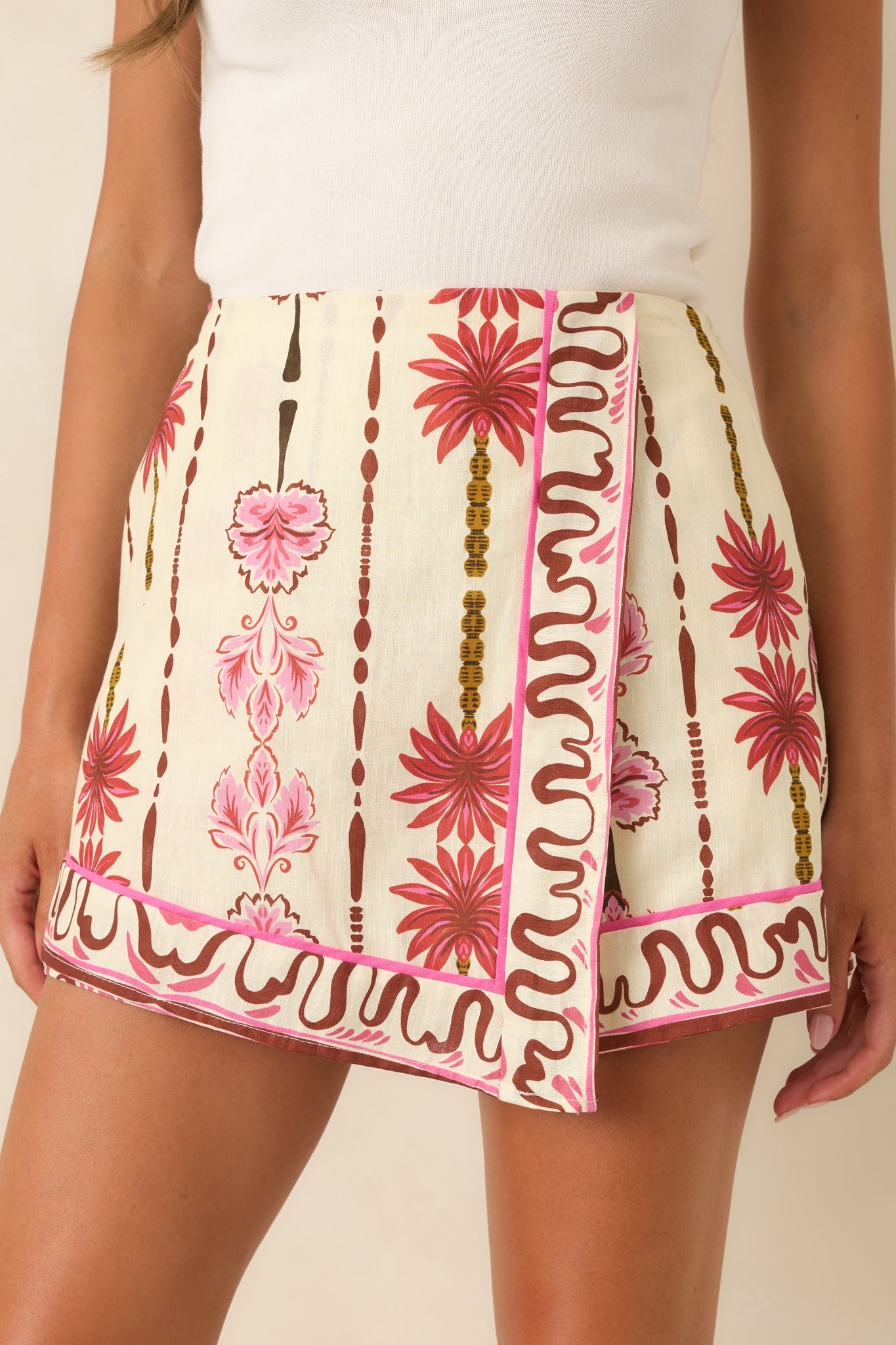 One More Sunset Pink Floral Cotton Linen Mini Skort