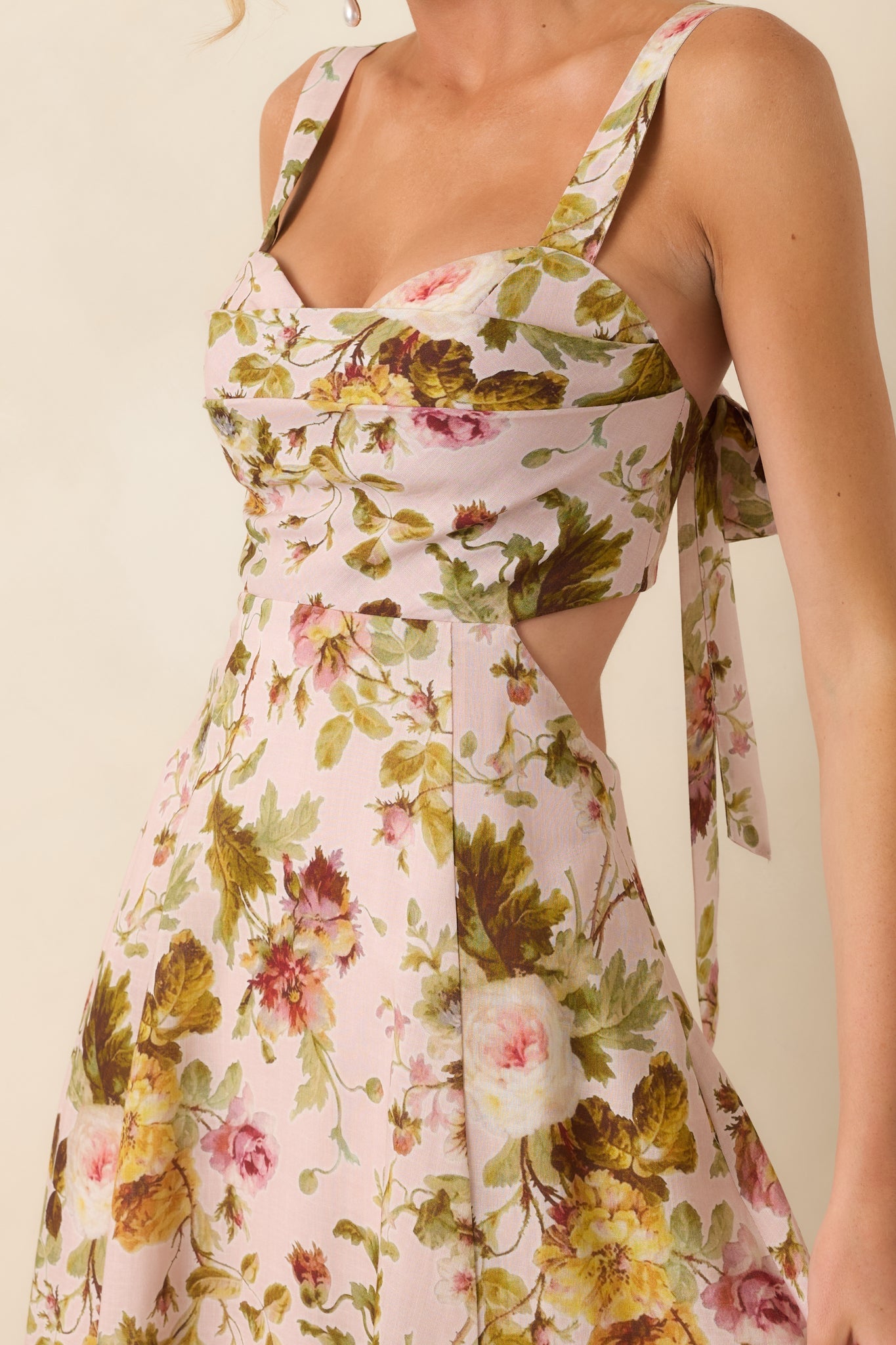 ASTR The Label Ciana Pink & Green Floral Linen Midi Dress
