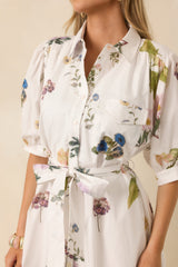 Garden Afternoon Ivory Multi Cotton Floral Print Button Front Belt Tie Midi Dress