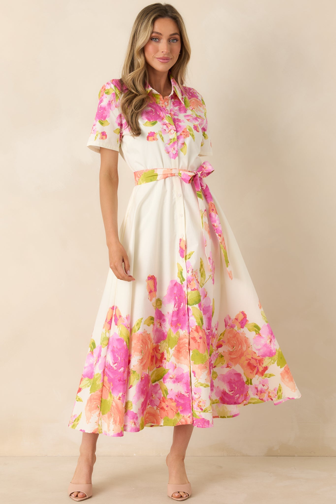 Rosy Outlook Pink Multi Floral Cotton Tie-Belt Midi Dress