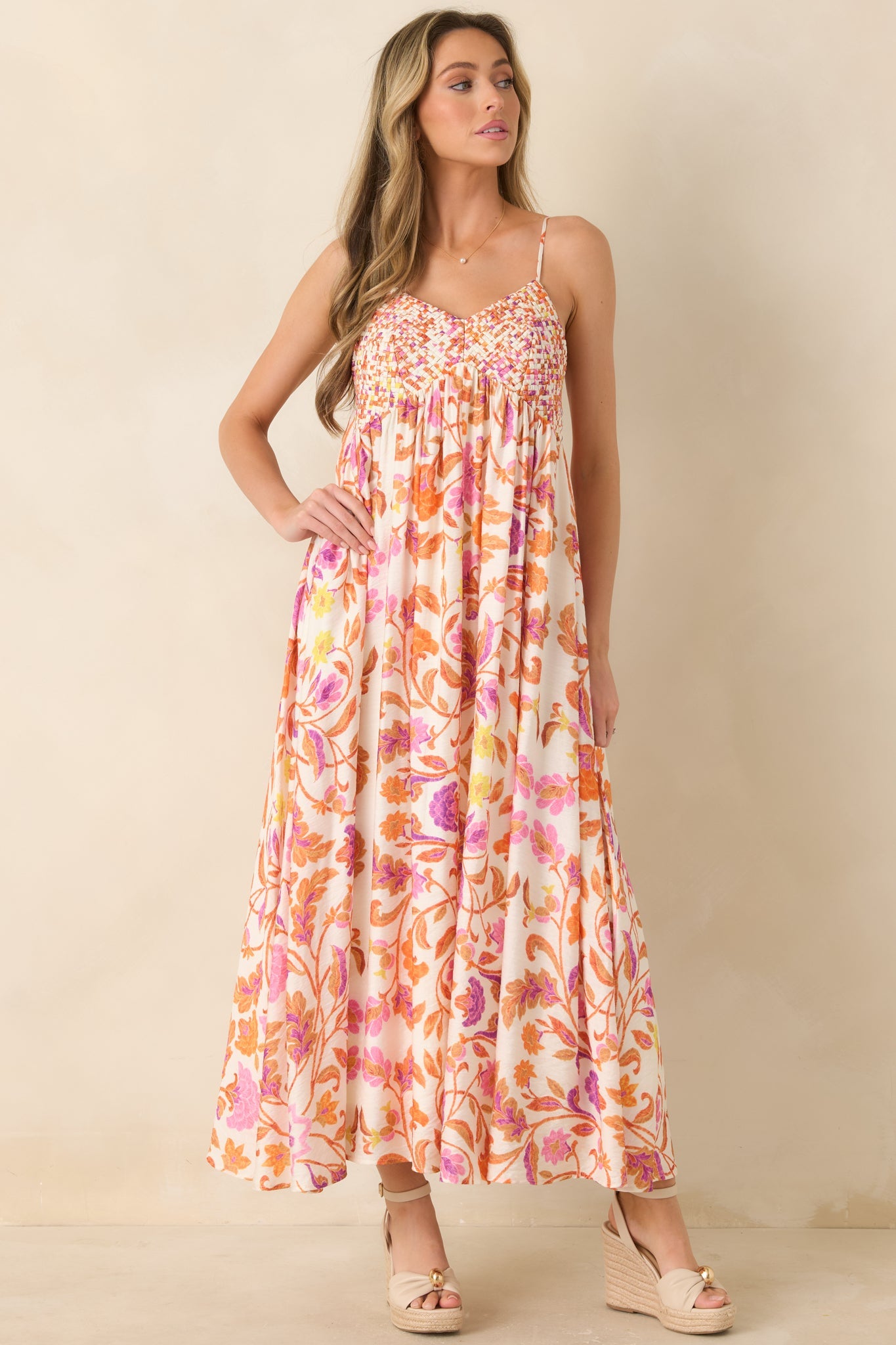 Here for the Sun Pink & Orange Floral Woven Maxi Dress