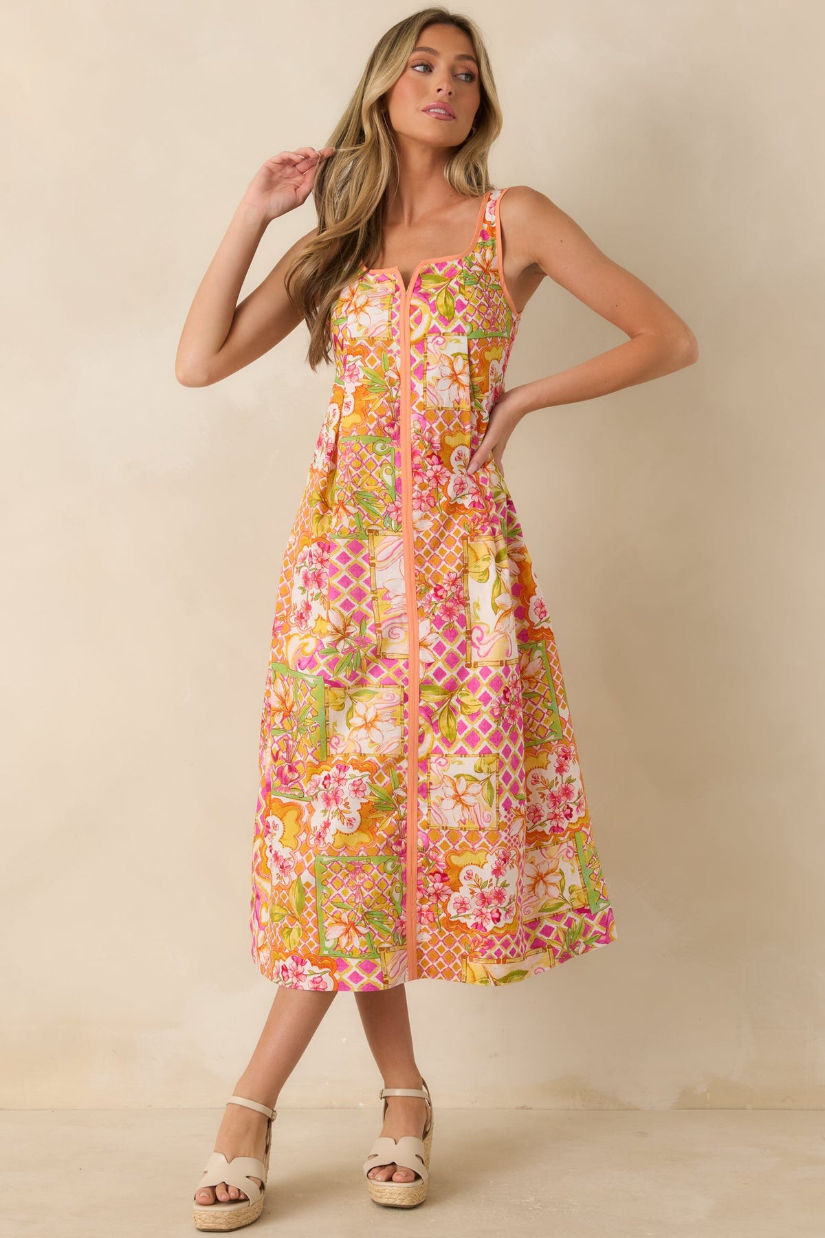 Resort Romance Pink Multi Cotton Floral Print Midi Dress