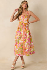 Resort Romance Pink Multi Cotton Floral Print Midi Dress