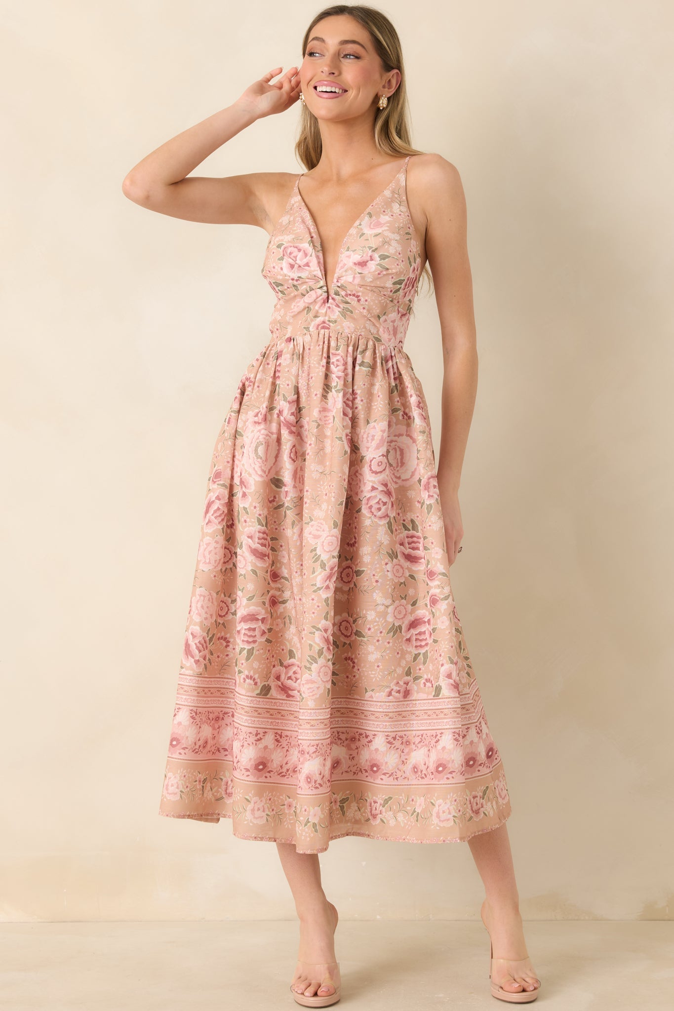 Totally in Love Beige & Pink Floral Deep V-Neck Midi Dress