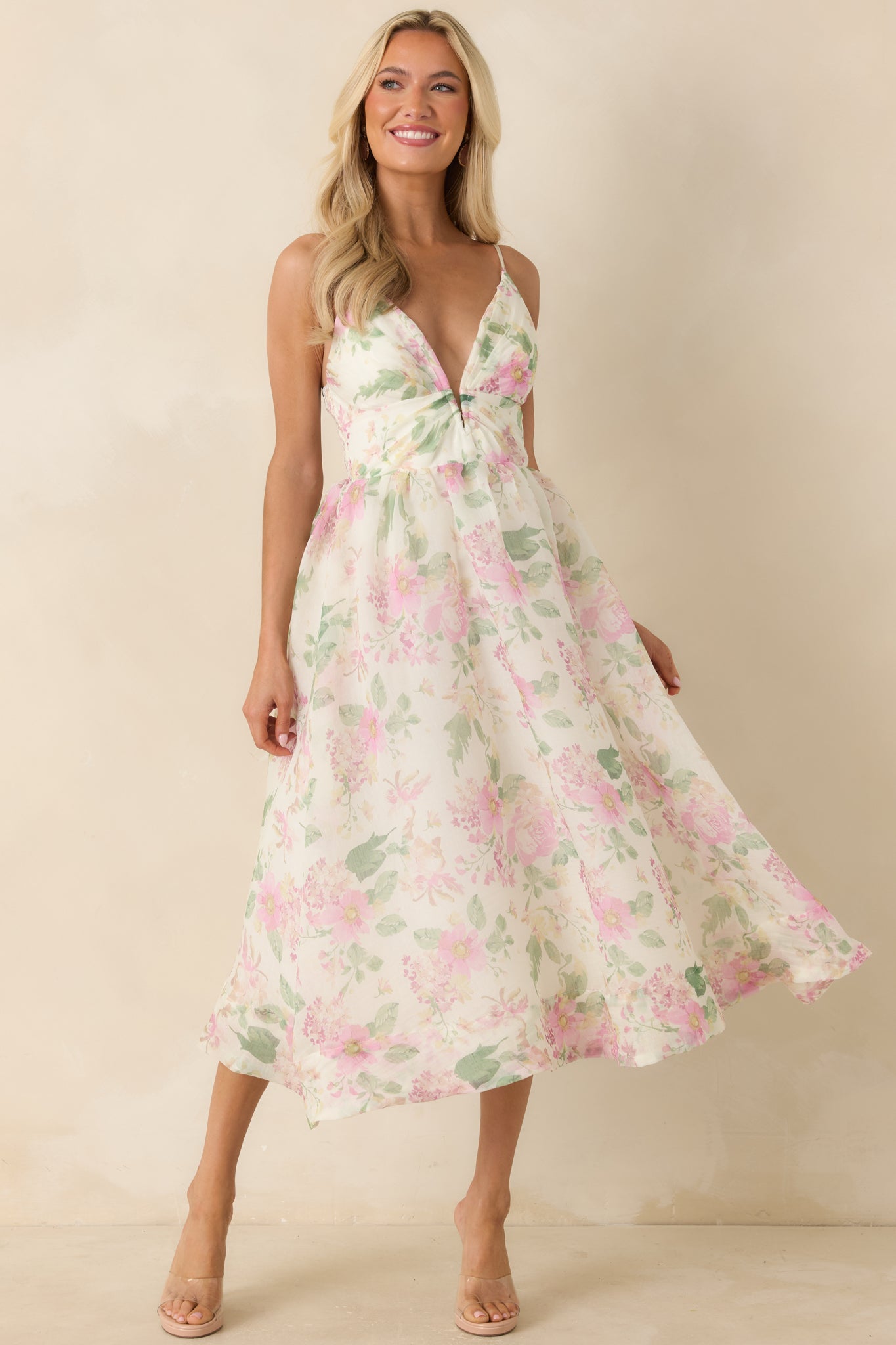 ASTR The Label Janna Ivory & Pink Floral Midi Dress