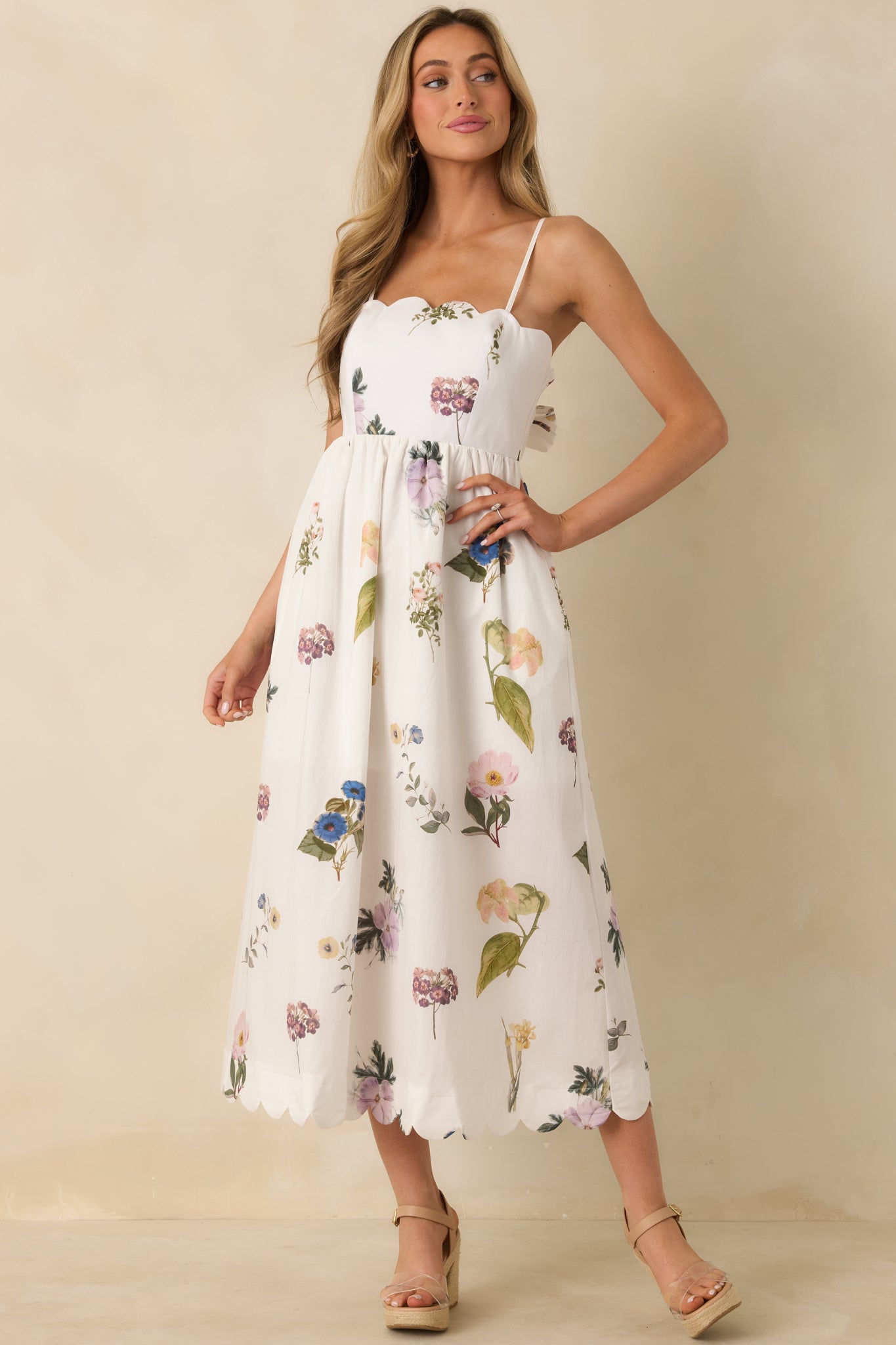 Promise in Bloom White Multi Floral Cotton Tie-Back Scalloped Midi Dress