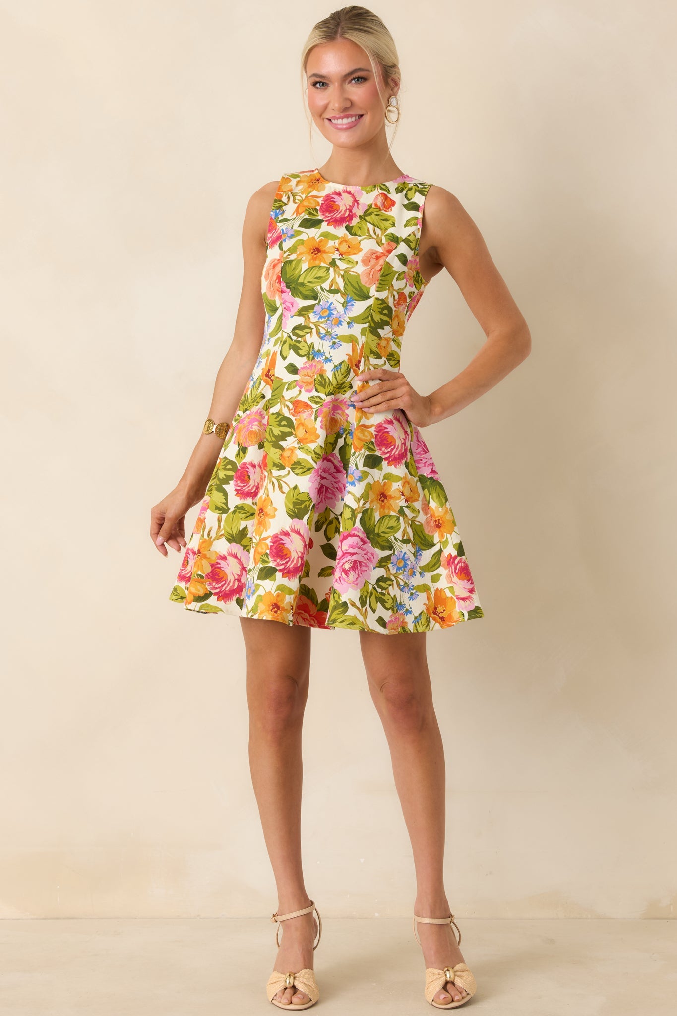 Blooming Bright Multi Floral Cotton Flared Sleeveless Mini Dress
