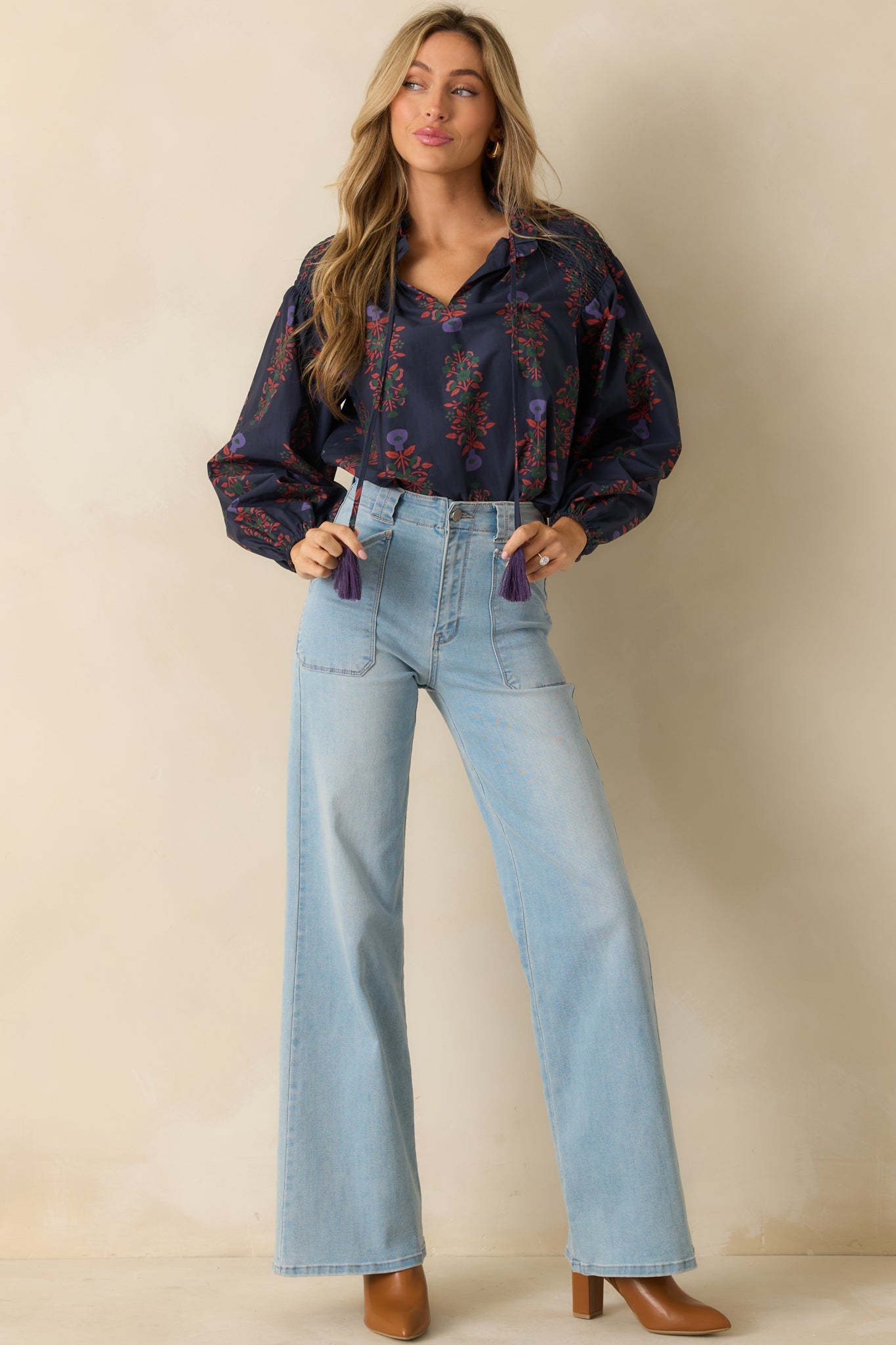 Starlit Garden Navy Multi Floral Print Cotton Peasant Top