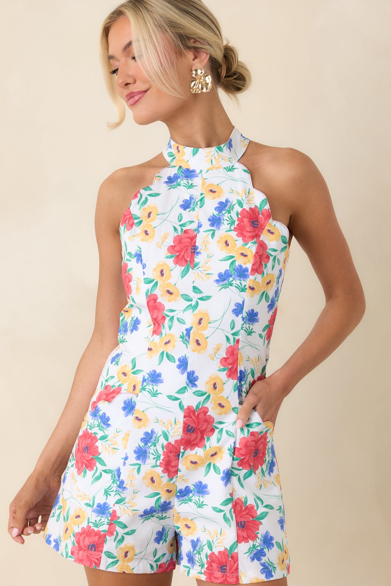 Just Too Cute Ivory Multi Floral Cotton Scallop Halter Romper
