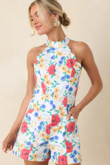 Just Too Cute Ivory Multi Floral Cotton Scallop Halter Romper
