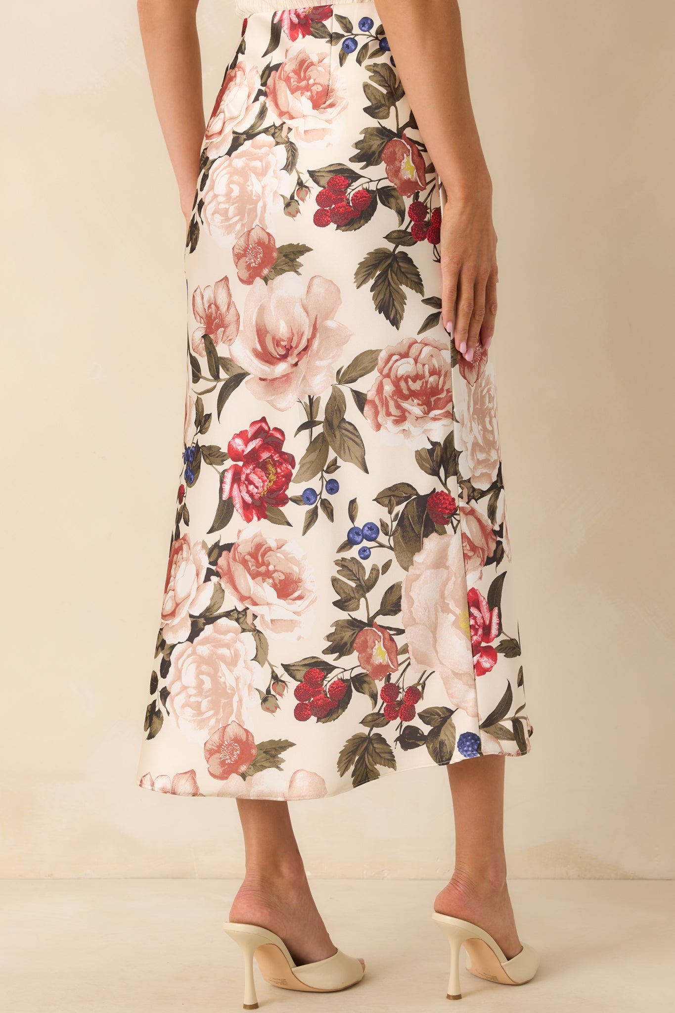 Feeling Pretty Sure Ivory Multi Floral Print Satin Midi Skirt