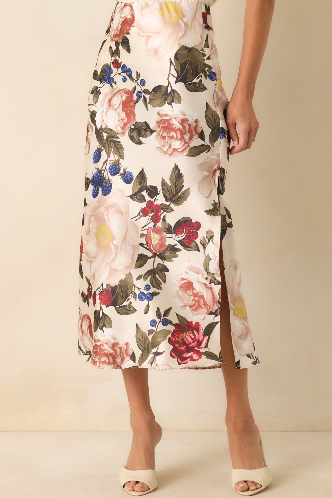 Feeling Pretty Sure Ivory Multi Floral Print Satin Midi Skirt