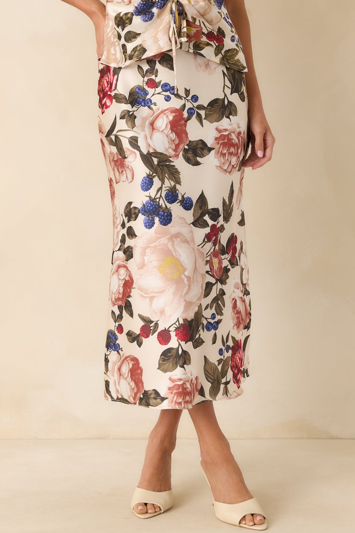 Feeling Pretty Sure Ivory Multi Floral Print Satin Midi Skirt