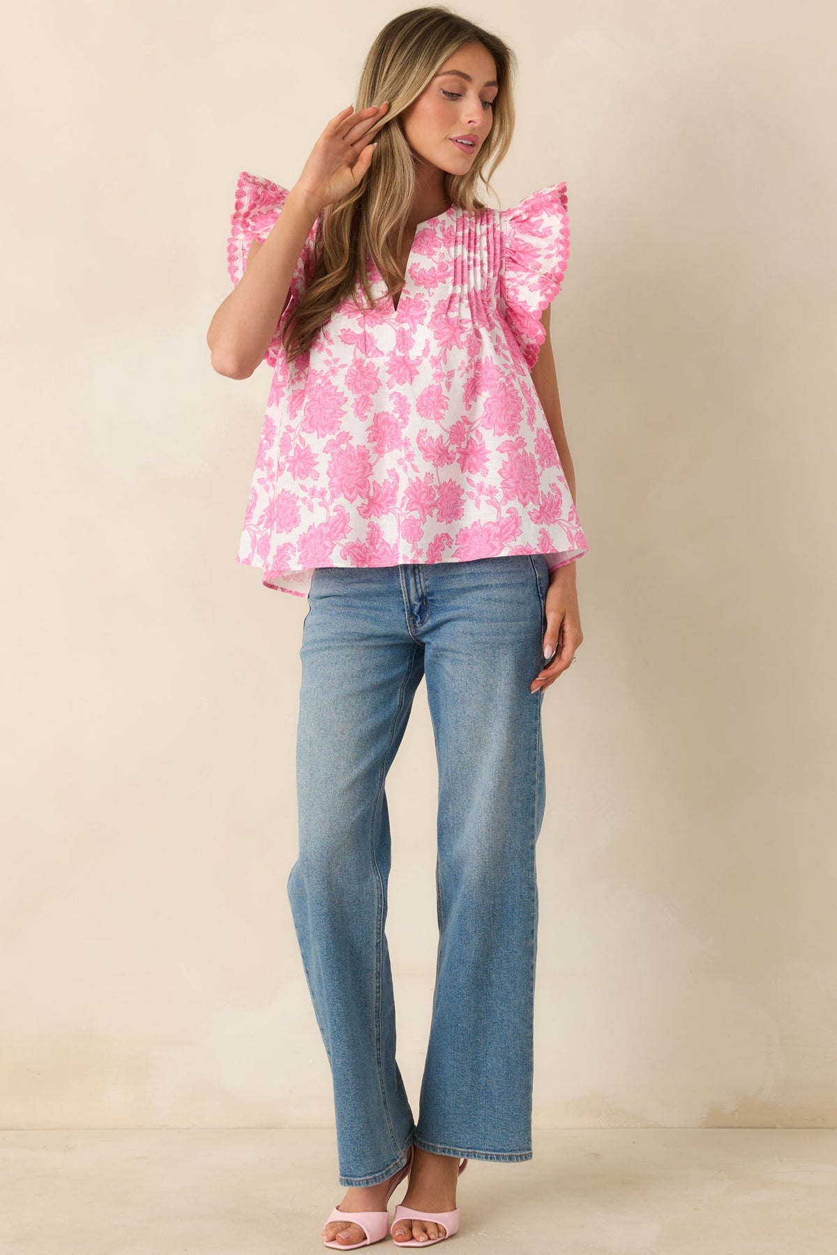Lovely Little Details Pink & Ivory Floral Cotton Linen Top