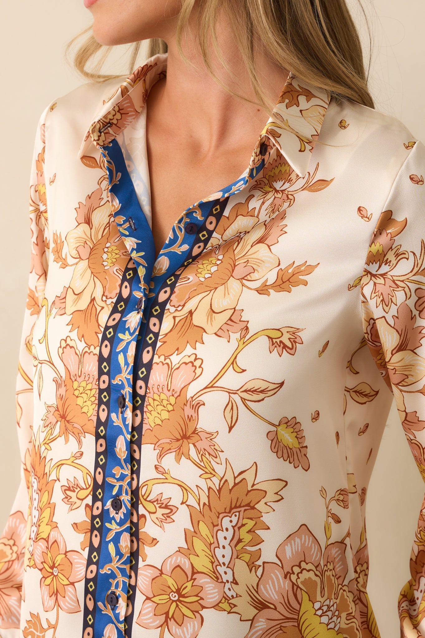 Took Her Time Ivory Multi Floral Print Satin Button Front Top
