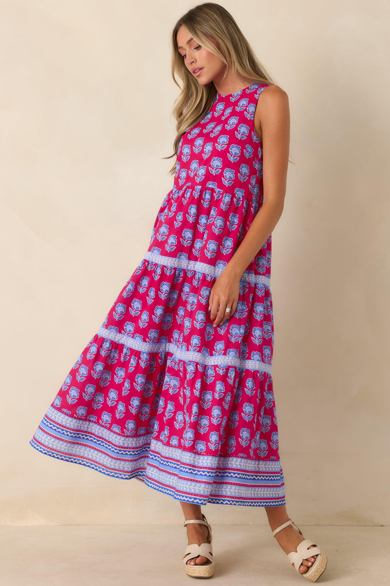 Love Finds a Way Magenta & Blue Printed Cotton Midi Dress
