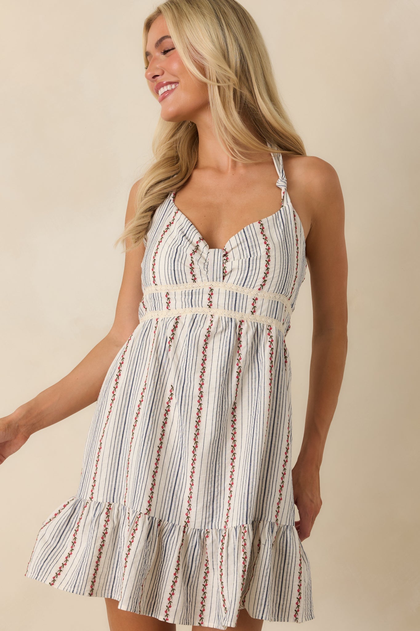 Roses by the Window Ivory Multi Floral Stripe Halter Mini Dress