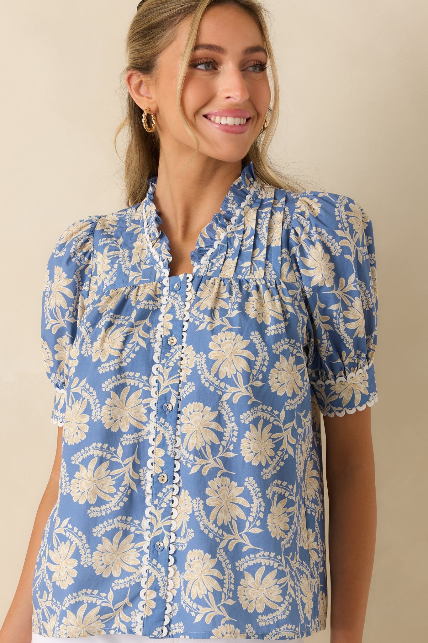 Prosperina Gretchen Dusty Blue & Ivory Cotton Floral Blouse
