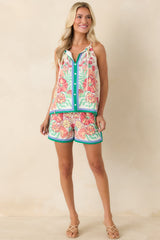 Petal Pop Green & Coral Pink Floral Shorts