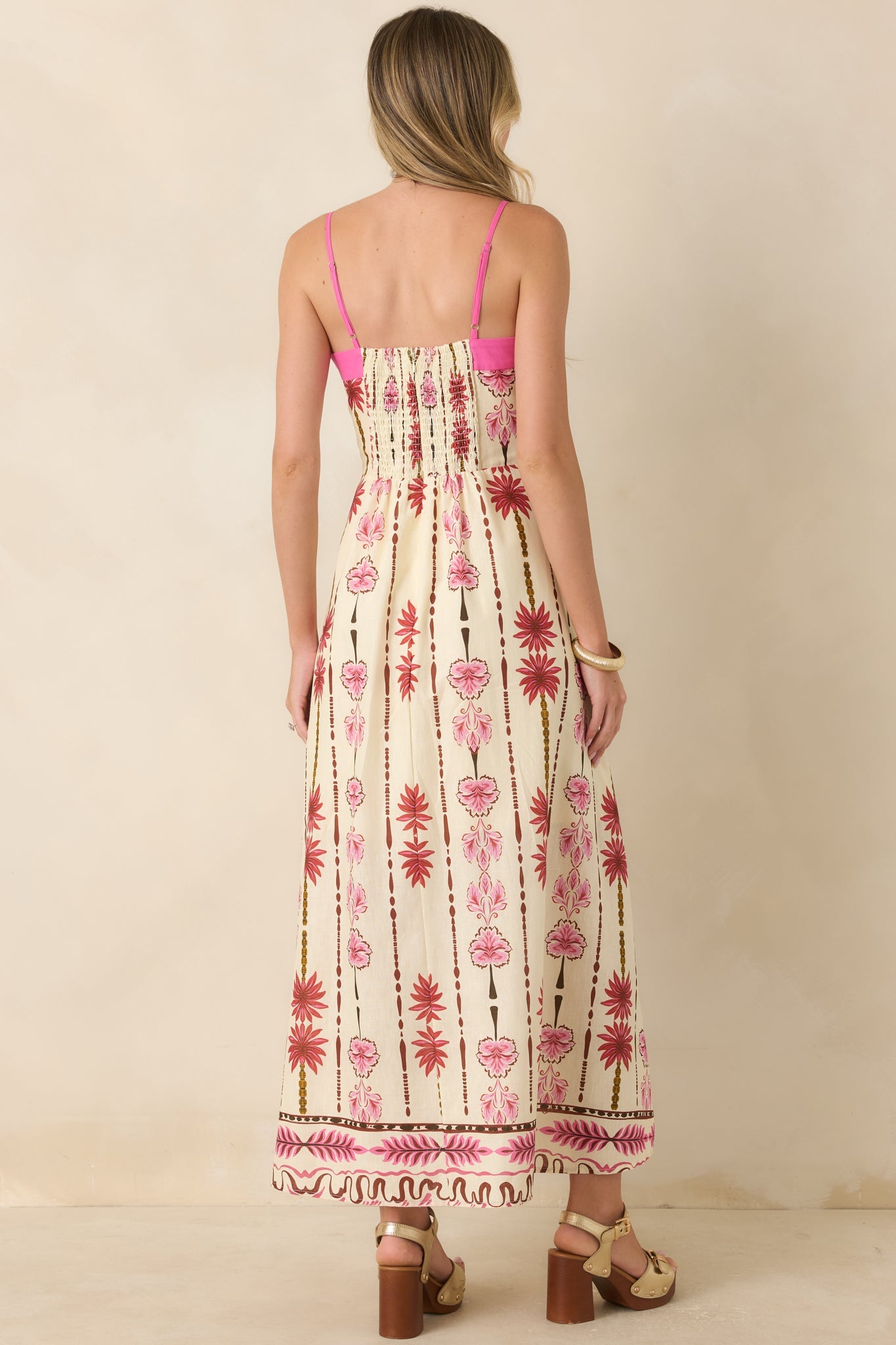 Palms & Prosecco Pink Floral Cotton Linen Maxi Dress