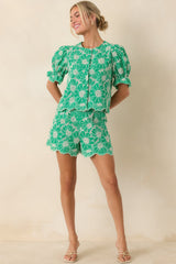 Look At You Green Cotton Floral Embroidered Button Front Top