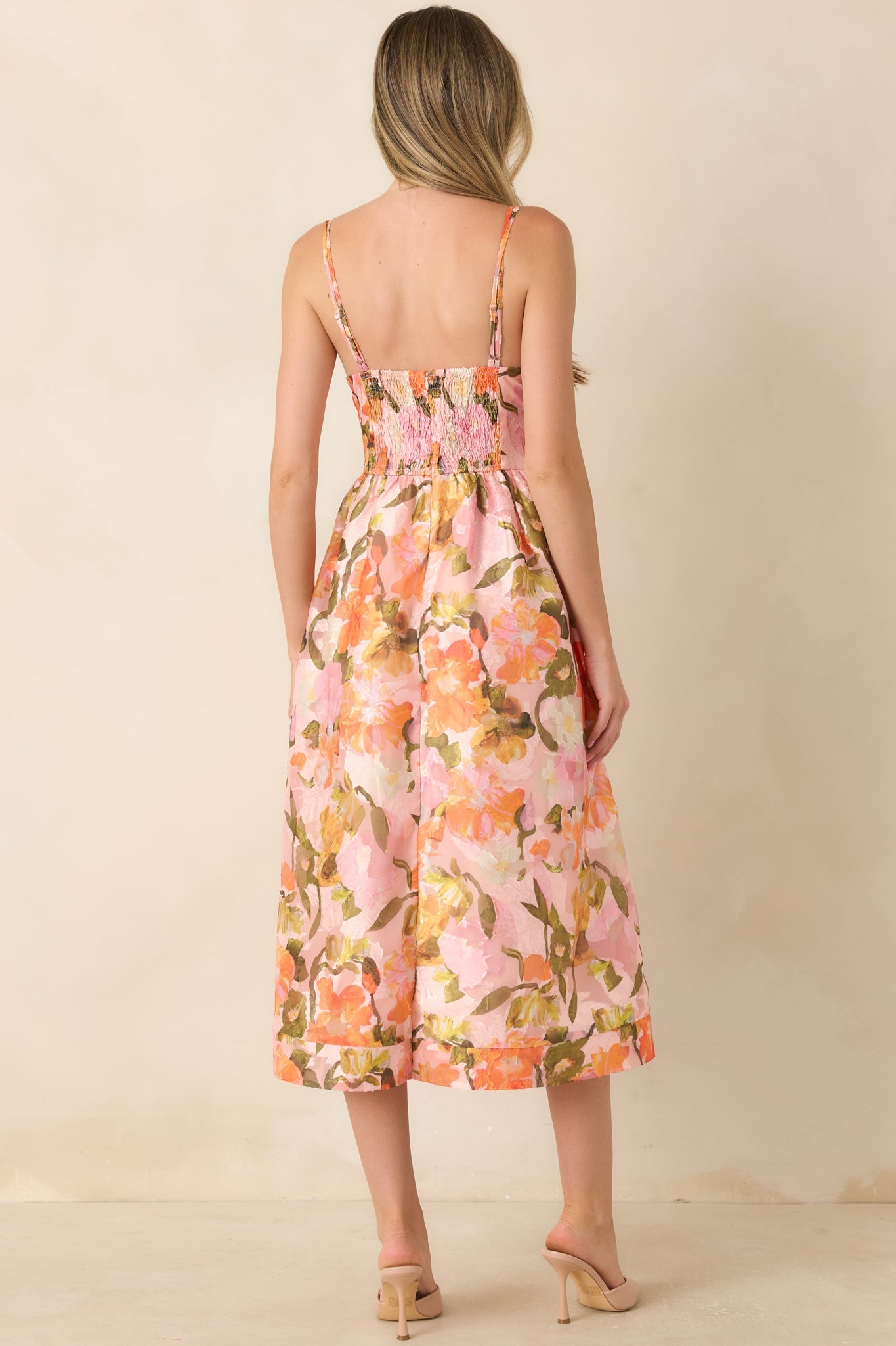 Blushing Bouquet Pink & Orange Floral Midi Dress